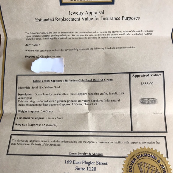 18k YELLOW GOLD & YELLOW SAPPHIRE BAND RING W APPRAISAL. Sz 7.5 - Picture 13 of 14